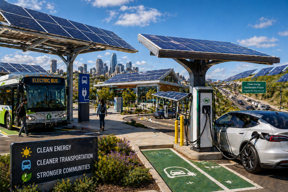 Futuristic sustainable transit hub with solar power