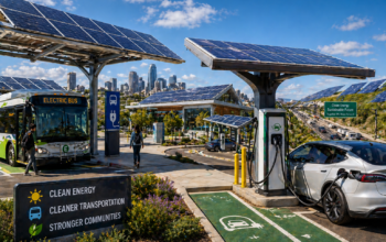 Futuristic sustainable transit hub with solar power